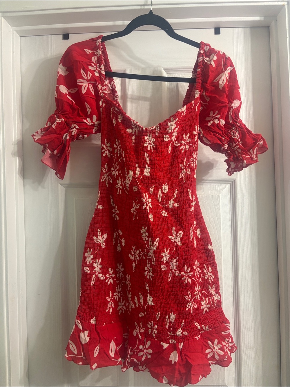 Red Floral Puff-Sleeve Mini Dress with Smocked Bodice